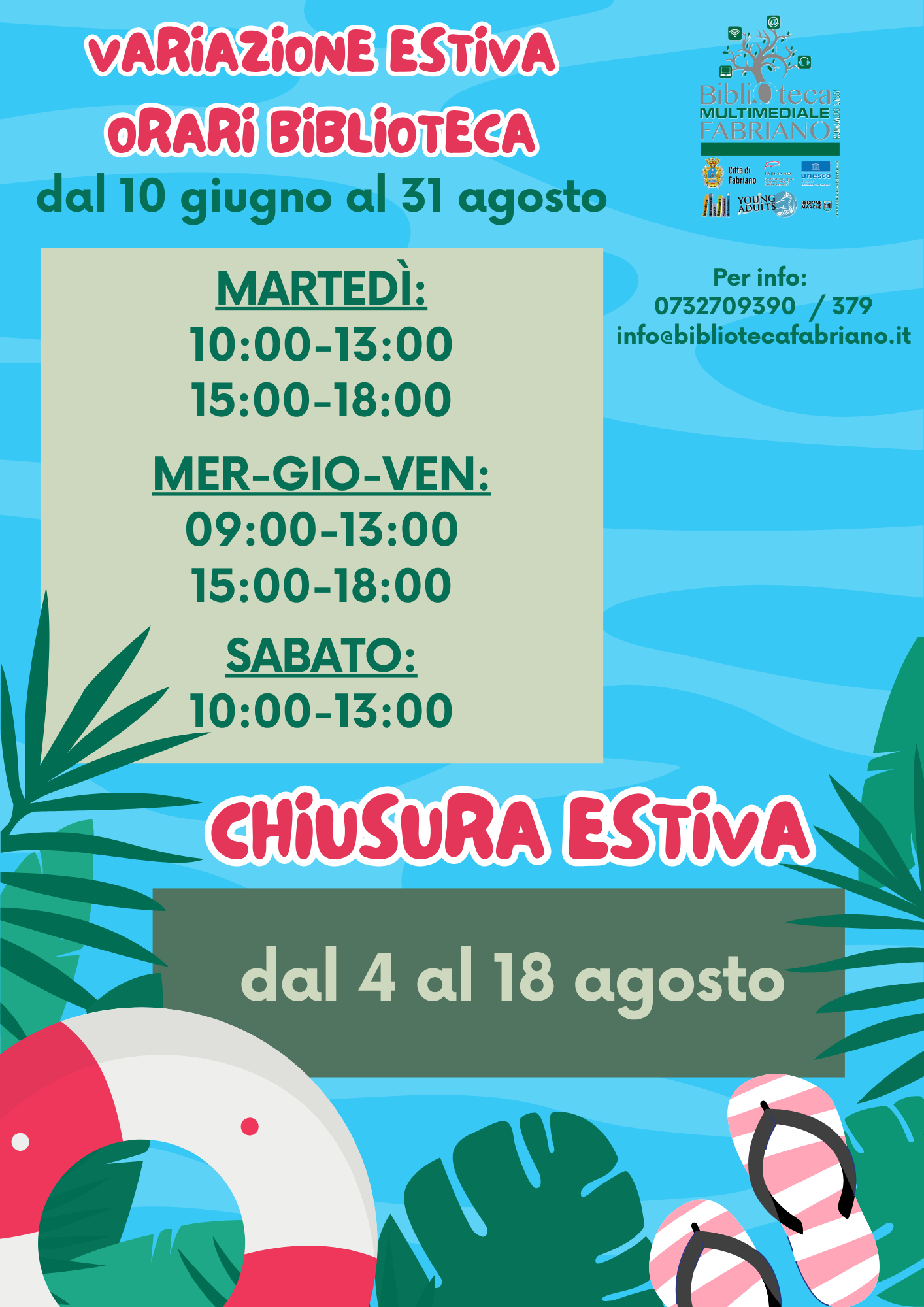 VARIAZIONE ORARI E CHIUSURA ESTIVA BIBLIOTECA